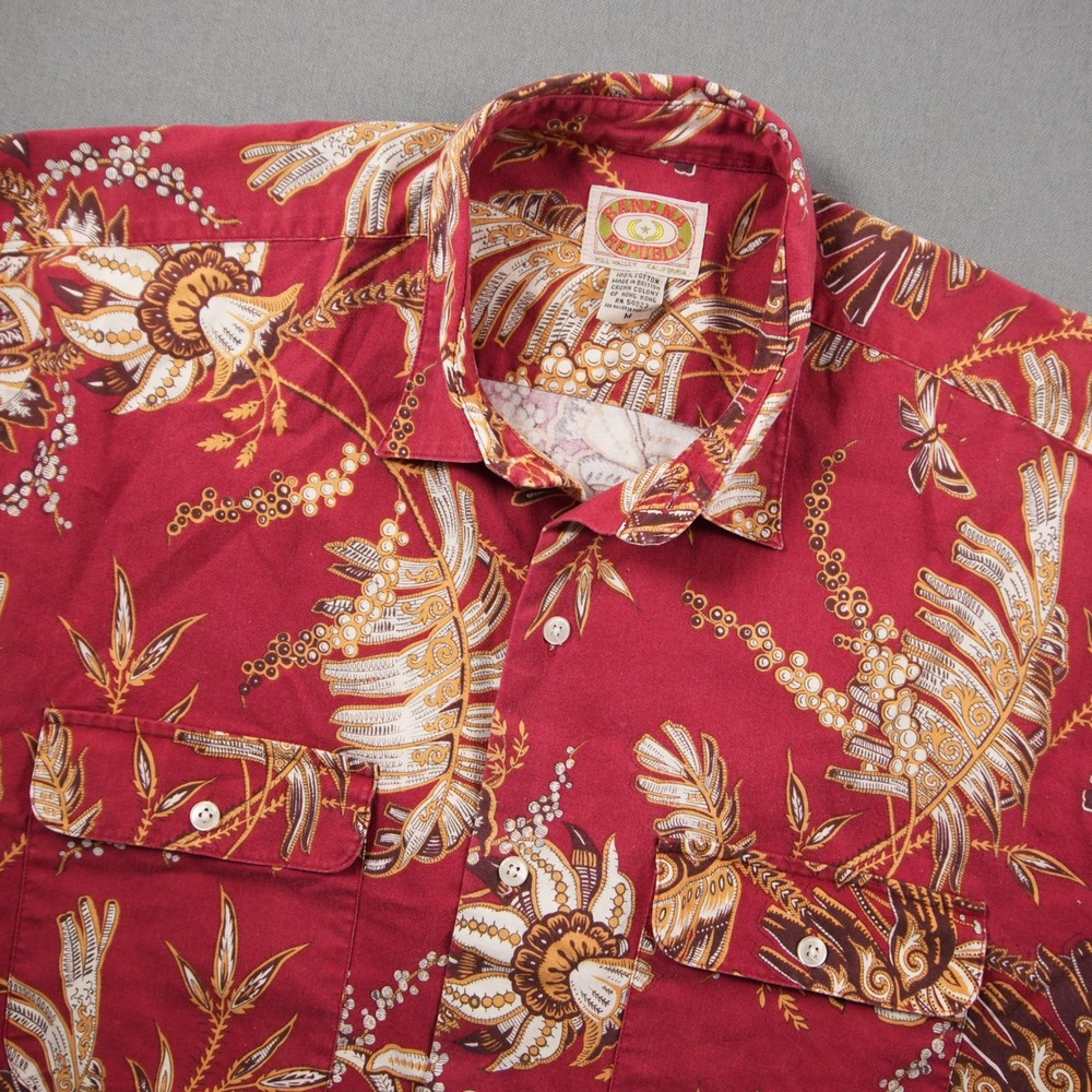 Vintage 80s Banana Republic Tropical Botanical Butterfly Mens Shirt M Vacation